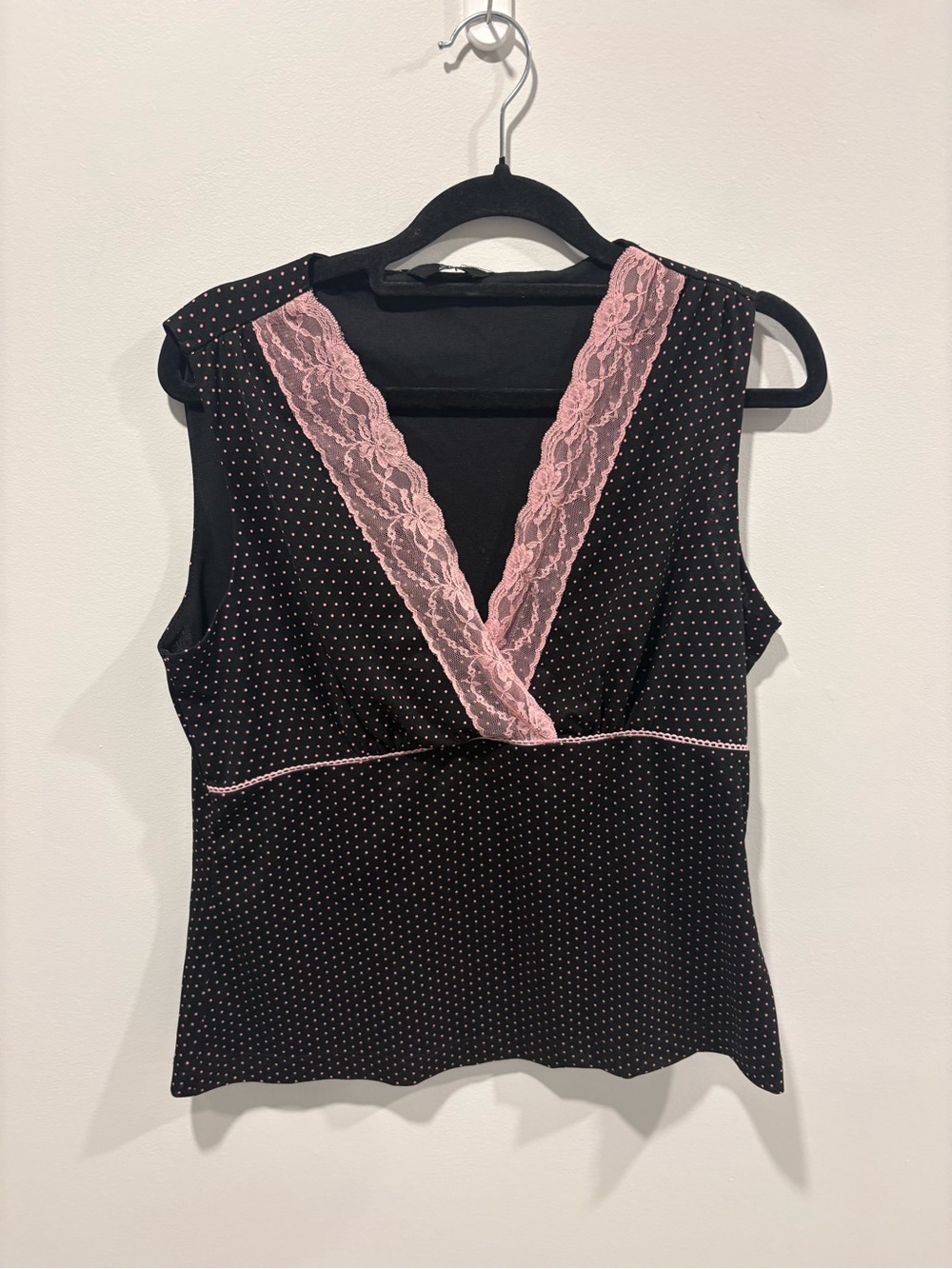 Black & Pink Lace Trim Sleeveless V-Neck Top